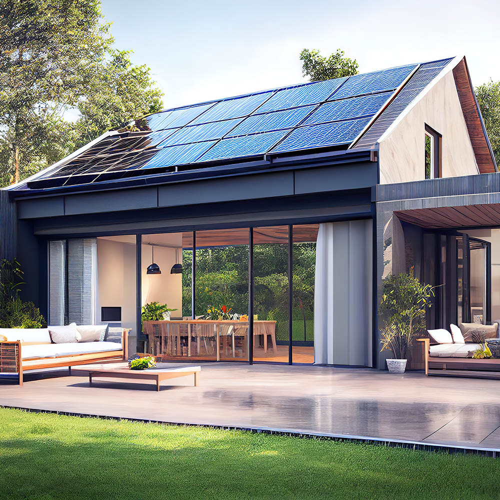 Modern house with patio area and solar panels