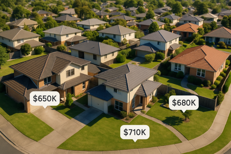 Aerial view of a suburban Melbourne neighbourhood with four houses highlighted by property price tags: $650K, $680K, $710K, and $720K.