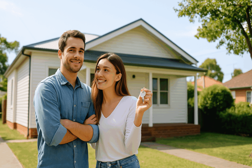 Young couple standing outside their first home in Melbourne, smiling and holding keys after successful property purchase.