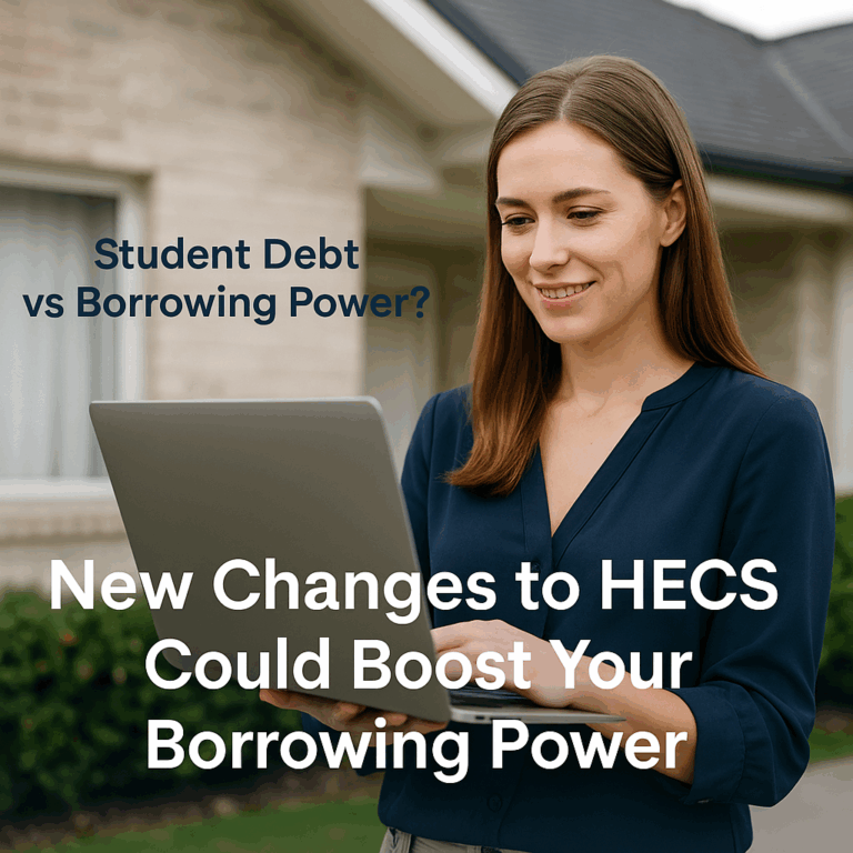 Young woman with laptop smiling in front of home – text overlay: “New Changes to HECS Could Boost Your Borrowing Power”