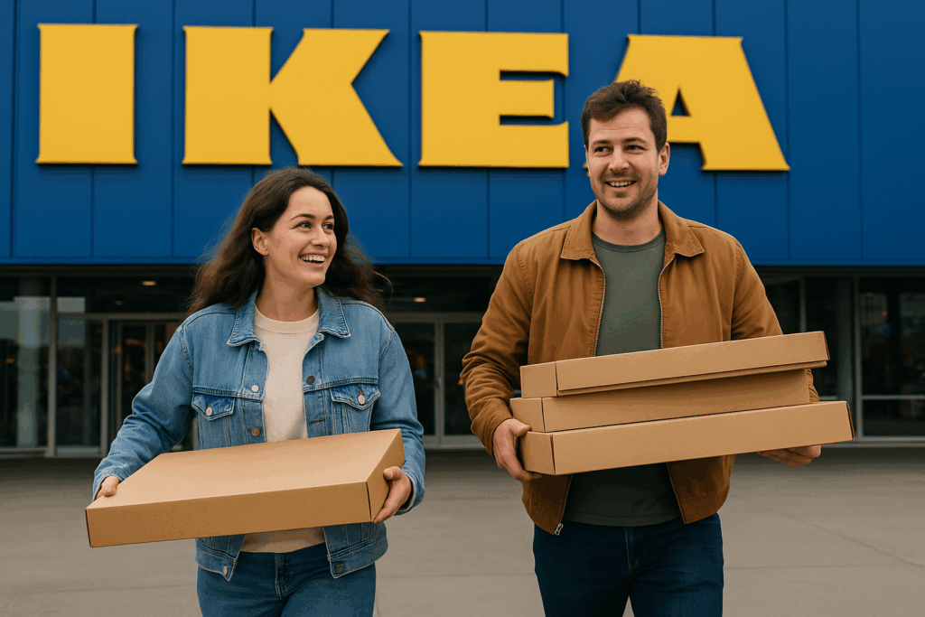 Couple smiling outside IKEA carrying flat-packed boxes, symbolising teamwork and homeownership readiness